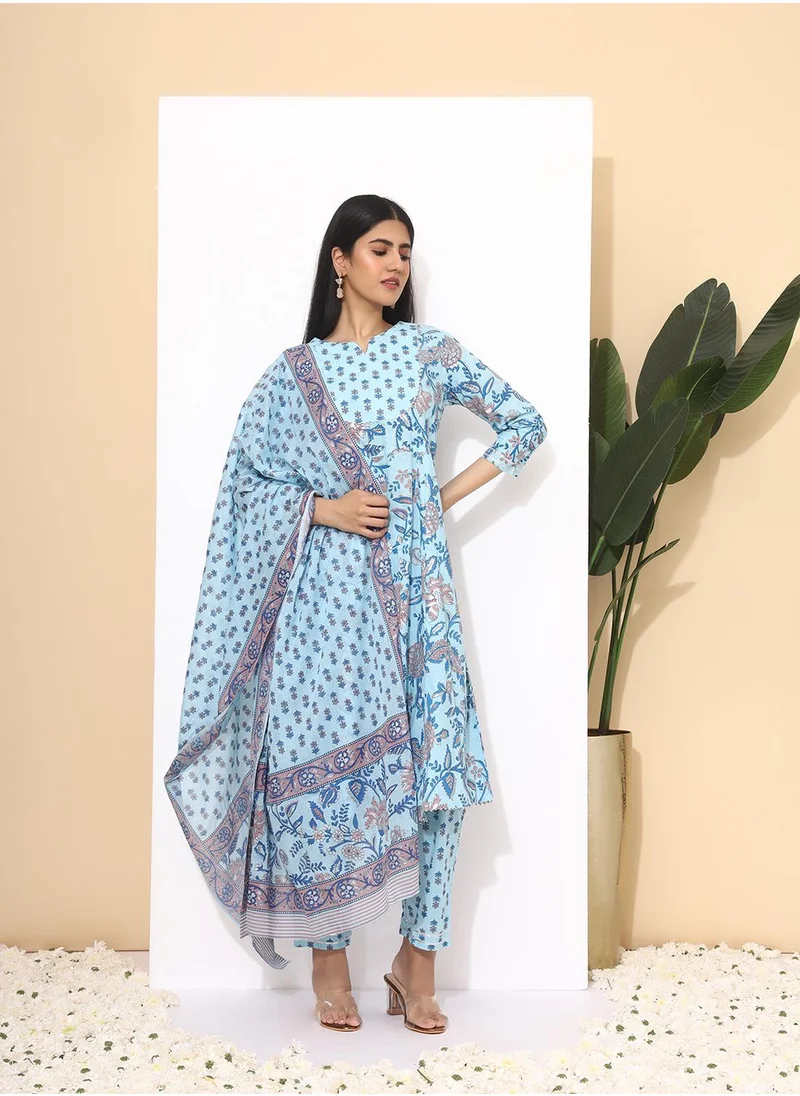 آي شين A-Line Fit Printed Pattern Round Neck Three-Quarter Sleeves Blue Colour Knitted Cotton Kurta Set for Women with Semi Elastic Closure - Unmatched Grace and Comfort