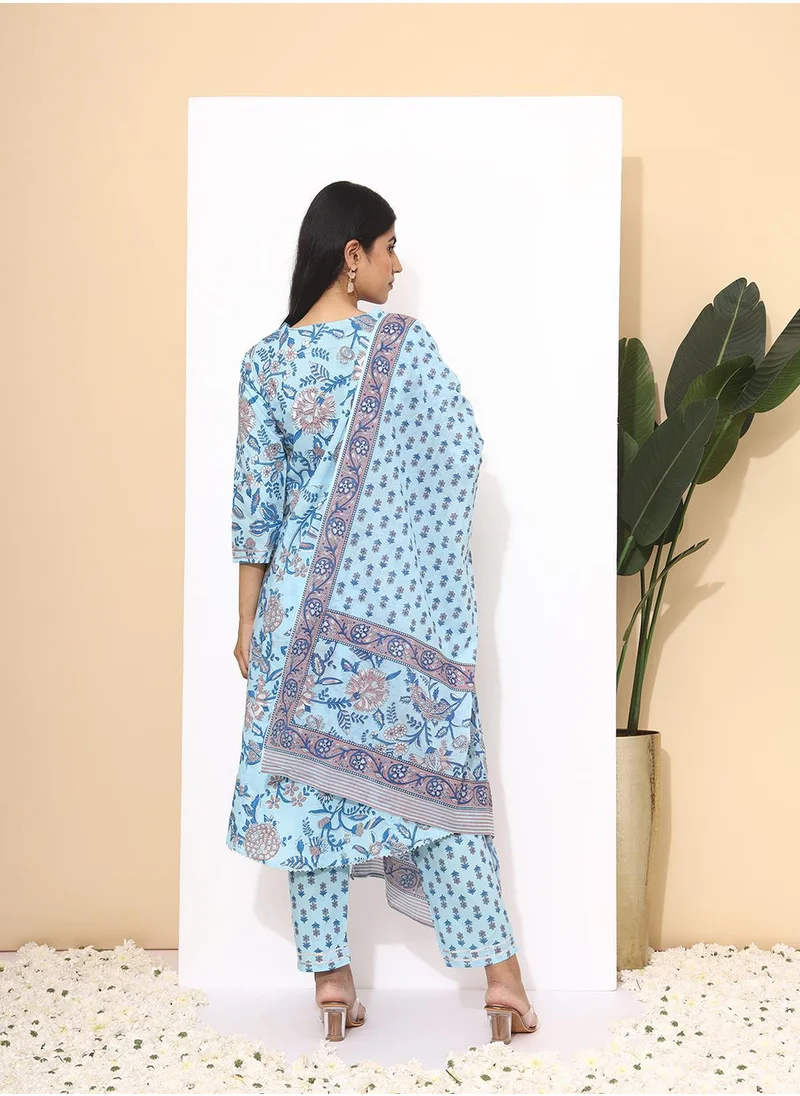 ISHIN A-Line Fit Printed Pattern Round Neck Three-Quarter Sleeves Blue Colour Knitted Cotton Kurta Set for Women with Semi Elastic Closure - Unmatched Grace and Comfort