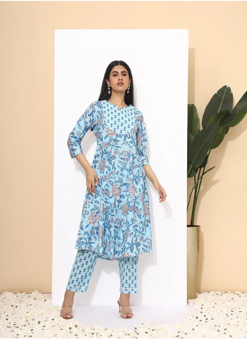 ISHIN A-Line Fit Printed Pattern Round Neck Three-Quarter Sleeves Blue Colour Knitted Cotton Kurta Set for Women with Semi Elastic Closure - Unmatched Grace and Comfort