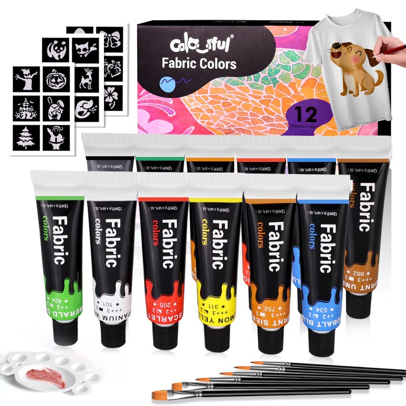 Colorful Fabric Paint Set for Clothes 12 Colors Permanent Textile Paint Kit for Shoes Canvas NonToxic Slick Painting Set for Adults Beginner Artists