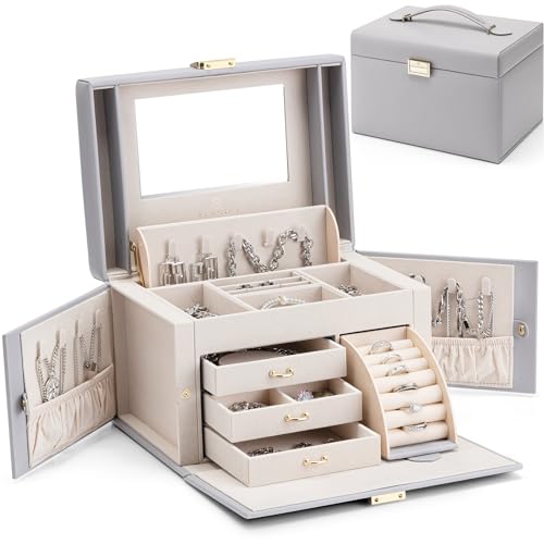 VLANDO Jewelry Box Organizer for Girls Women Large Baroque Jewelry Holder Organizer with Mirror 3 Drawers for Bracelets Earrings Rings Necklaces Mothers Day Gifts for Loved One Grey - Image 1