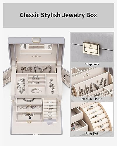 VLANDO Jewelry Box Organizer for Girls Women Large Baroque Jewelry Holder Organizer with Mirror 3 Drawers for Bracelets Earrings Rings Necklaces Mothers Day Gifts for Loved One Grey - Image 3