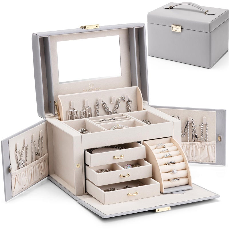 VLANDO Jewelry Box Organizer for Girls Women Large Baroque Jewelry Holder Organizer with Mirror 3 Drawers for Bracelets Earrings Rings Necklaces Mothers Day Gifts for Loved One Grey - Image 2