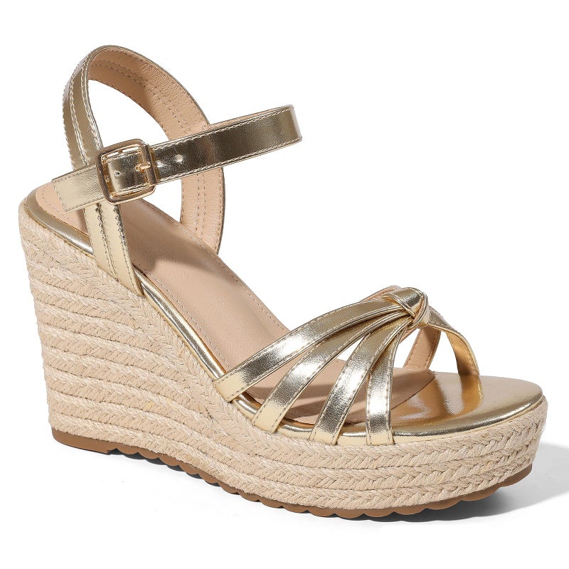 mikarka Sandals for Women 2026: Comfortable Wedge Platform Sandals Women - Braided Espadrilles for Women Ankle Strap Open Toe Wedges Heels Beach Sandals Summer Shoes Gold, US Size 7 - Image 1