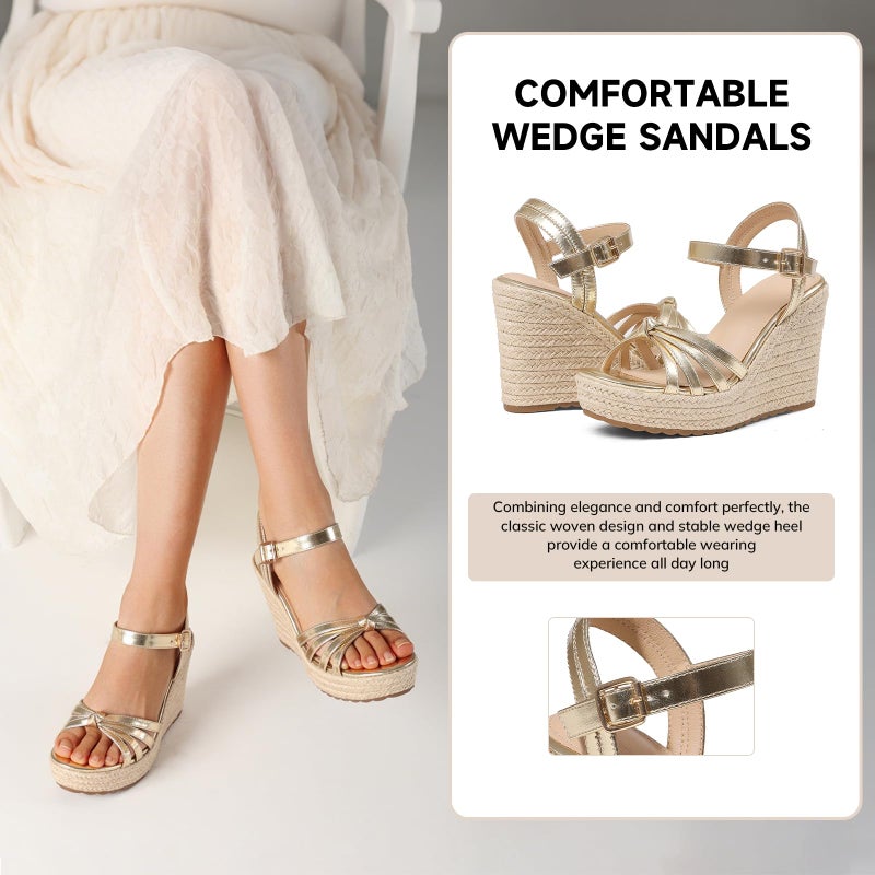 mikarka Sandals for Women 2026: Comfortable Wedge Platform Sandals Women - Braided Espadrilles for Women Ankle Strap Open Toe Wedges Heels Beach Sandals Summer Shoes Gold, US Size 7 - Image 5