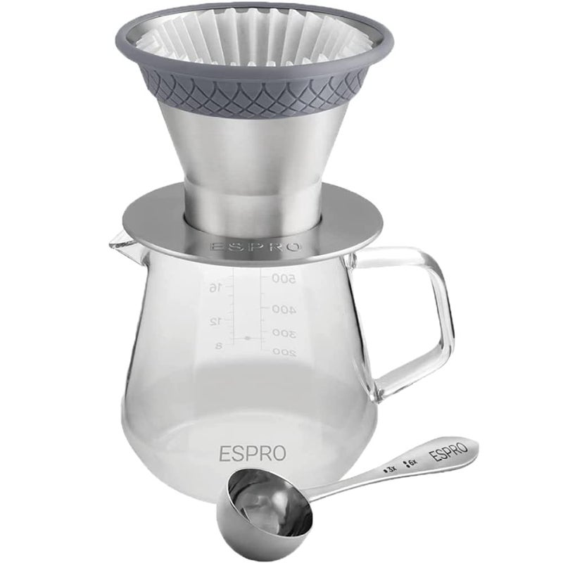 ESPRO BLOOM Pour Over Coffee Brewing Kit Durable Brushed Stainless Steel Dual Filter with Patented MicroFilter 50 Paper Filters