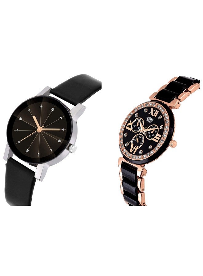SWADESI STUFF Stainless Steel Embellished & Studded Dial Analogue Black Dial Girl Watch (Black Dial Black Colored Strap) (Pack Of 2), Black Band - Image 2