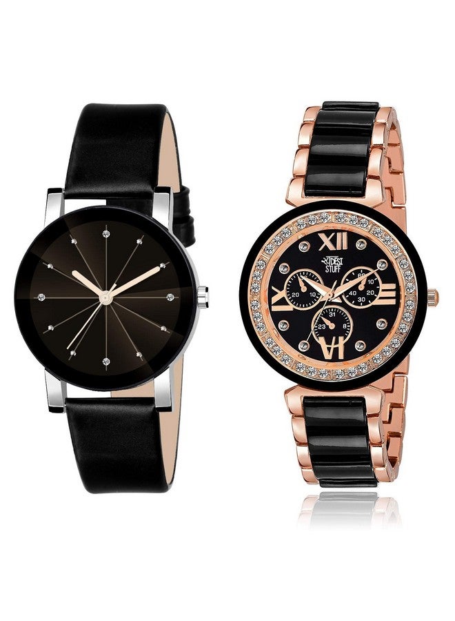 SWADESI STUFF Stainless Steel Embellished & Studded Dial Analogue Black Dial Girl Watch (Black Dial Black Colored Strap) (Pack Of 2), Black Band - Image 1