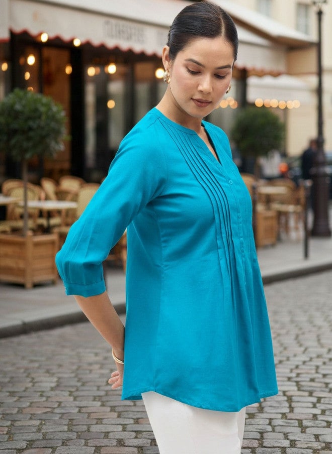 SALT ATTIRE Teal V-Neck Tunic with Three-Quarter Sleeves - Image 3