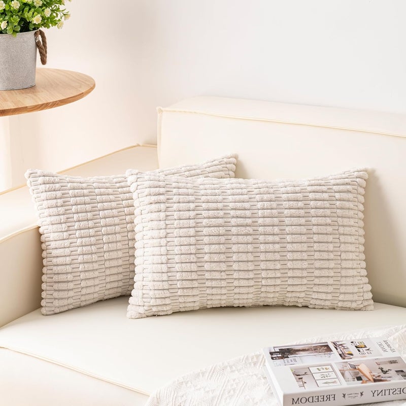 Aegero Pack of 2 Corduroy Decorative Throw Pillow Covers 12x20 InchSoft Boho Striped Pillow Covers Modern Farmhouse Home Decor for Sofa Living Room Couch Bed（Cream White） - Image 1
