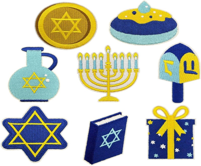 jojofuny 8pcs Embroidered Jewish Hanukkah Appliques Set Menorah and Star of David Patches for DIY Craft Accessories, Backpack and Hat Decoration, Iron-on Holiday Sew-on Embroidery - Image 1