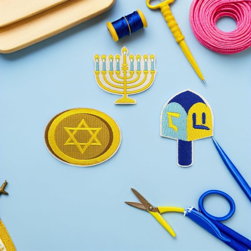jojofuny 8pcs Embroidered Jewish Hanukkah Appliques Set Menorah and Star of David Patches for DIY Craft Accessories, Backpack and Hat Decoration, Iron-on Holiday Sew-on Embroidery - Image 4