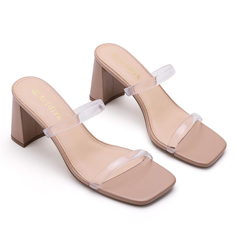 Avidirk Women's Square Open Toe Heeled Sandals Two Strap Mules Slip On Block Chunky Mid Heels Sandals - Image 3