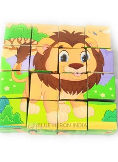 Generic Blue Heron India 6-in-1 Wooden Block Puzzle for Kids, 9 Piece Colorful Wooden Block Picture Puzzle, Available in Different Theme (Animals 4x4)  - Image 1