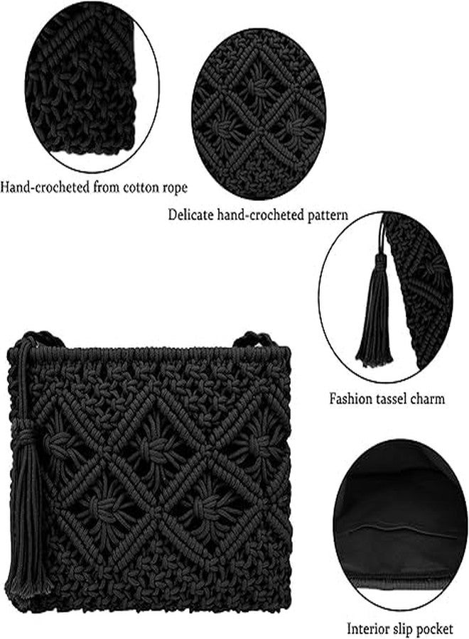 PARAH Women Crochet Shoulder Bag Handmade Woven Beach Crossbody Handbag Satchel Purse With Tassel For Summer (Rectangle - Black) - Image 3