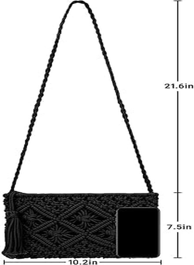 PARAH Women Crochet Shoulder Bag Handmade Woven Beach Crossbody Handbag Satchel Purse With Tassel For Summer (Rectangle - Black) - Image 5