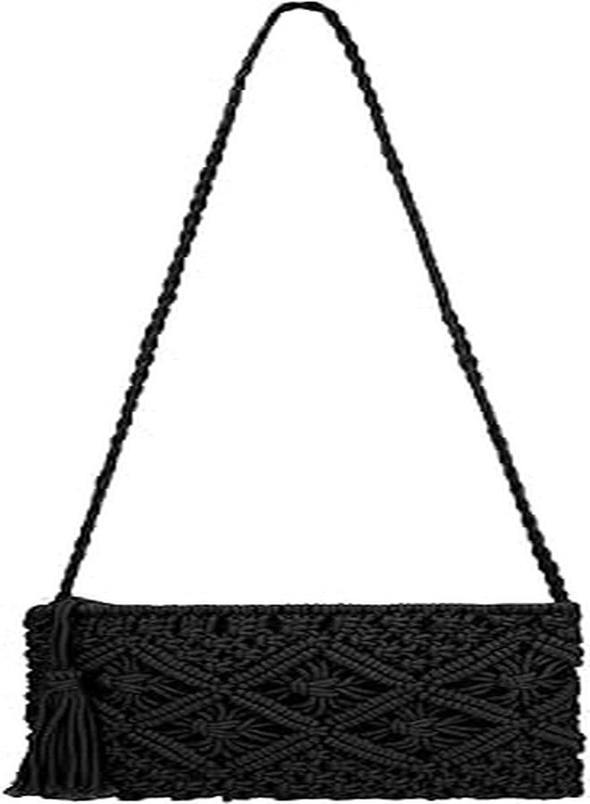 PARAH Women Crochet Shoulder Bag Handmade Woven Beach Crossbody Handbag Satchel Purse With Tassel For Summer (Rectangle - Black) - Image 1