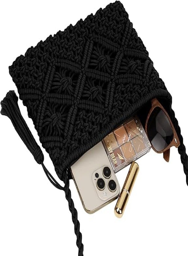 PARAH Women Crochet Shoulder Bag Handmade Woven Beach Crossbody Handbag Satchel Purse With Tassel For Summer (Rectangle - Black) - Image 4