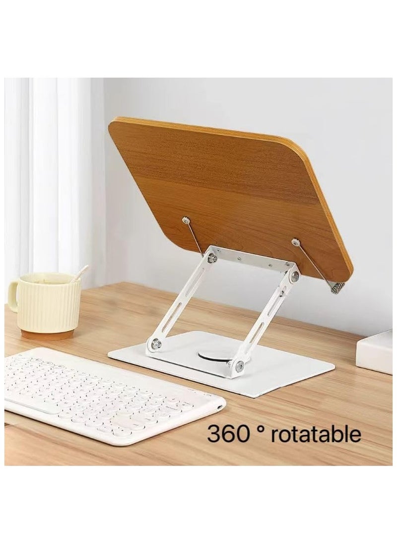 YQbest - Book Stand for Reading, Adjustable Book Holder with 360 Degree Rotating Base & Page Clips, Foldable Desktop Cookbook Stand for Documents, Sheet Music, Magazines, Textbook, Cookbooks(Wood) - Image 1