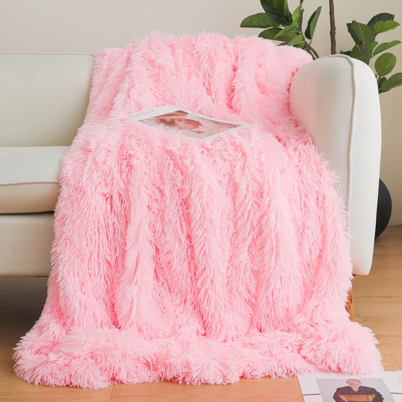 HAIHUA Pink Faux Fur Throw Blanket, Pink 50" x 60" Fluffy Blanket Throw, Shaggy Plush Decorative Couch Blanket, Cute Furry Throw Holidy Fuzzy Lap Blanket for Kids Women Men Teen Girls - Image 1