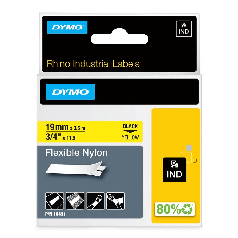 DYMO Rhino Industrial Flexible Nylon Labels 3/4" x 11.5' Black Print on Yellow Tape - Image 1