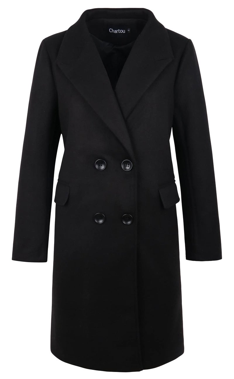 CHARTOU Women's Winter Oversize Lapel Collar Woolen Plaid Double Breasted Long Peacoat Jacket (Medium, Solid Black)