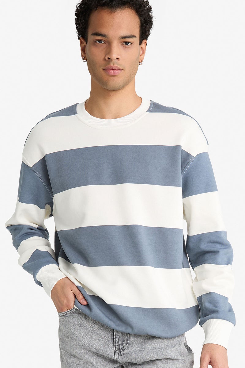 DeFacto Grey Man Boxy Fit Striped Long Sleeve Sweatshirt Casual - Image 1