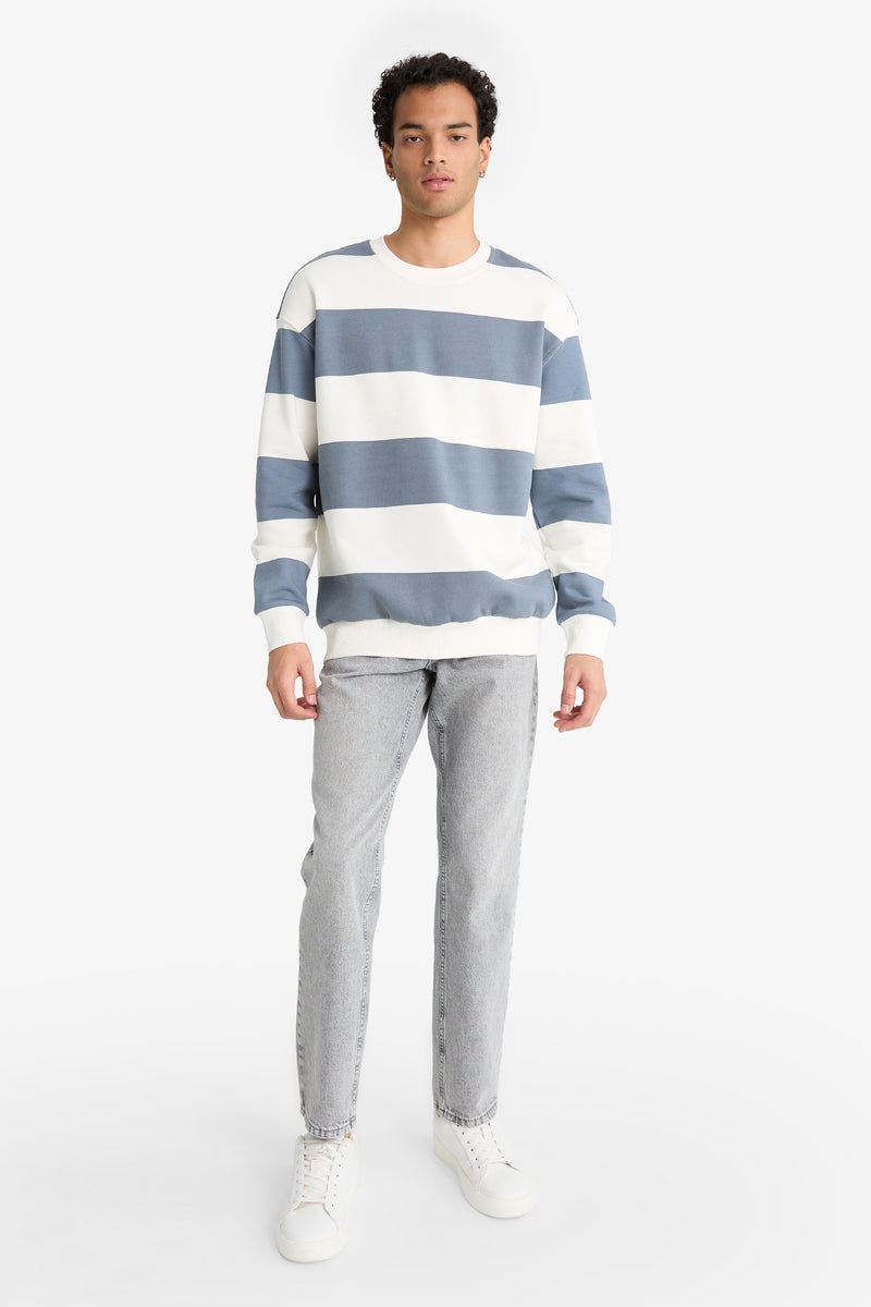 DeFacto Grey Man Boxy Fit Striped Long Sleeve Sweatshirt Casual - Image 2
