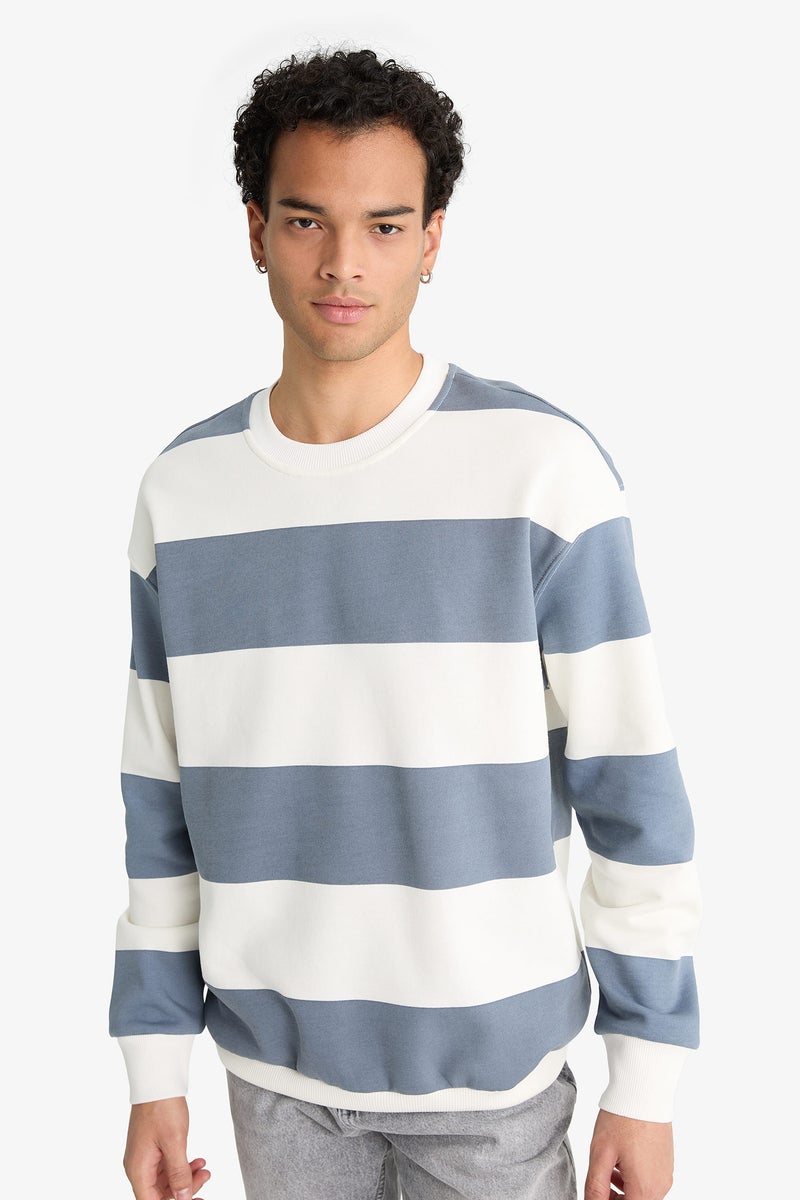 DeFacto Grey Man Boxy Fit Striped Long Sleeve Sweatshirt Casual - Image 3