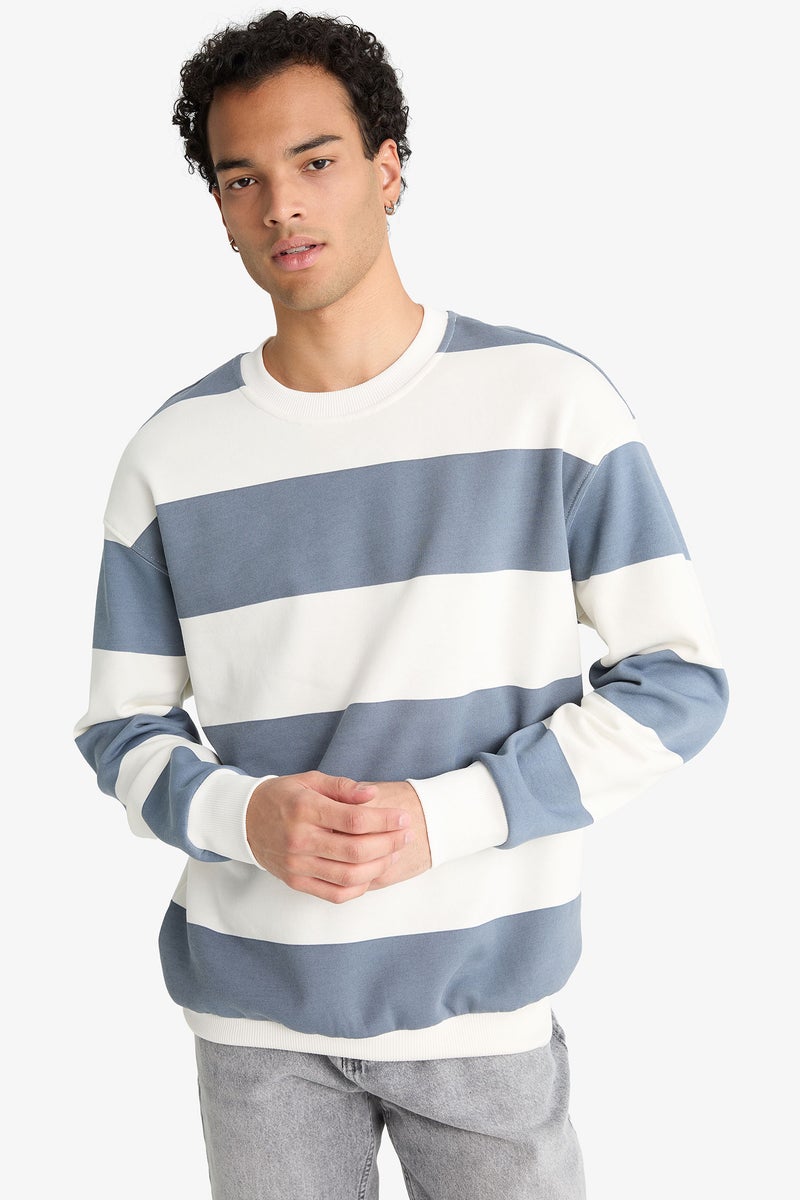 DeFacto Grey Man Boxy Fit Striped Long Sleeve Sweatshirt Casual - Image 4