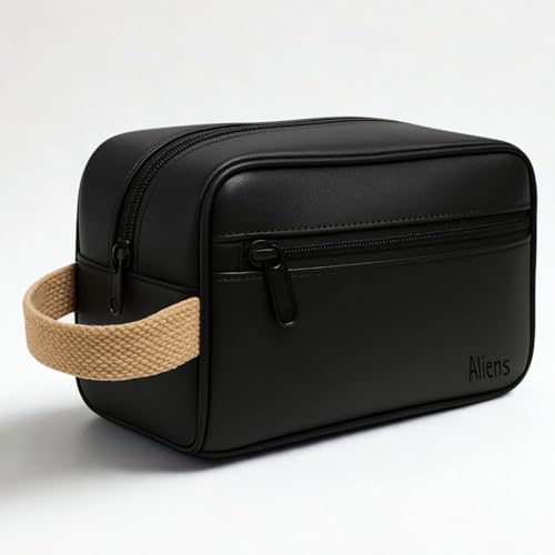 Aliens Multipurpose Travel Organizer Vegan Leather Pouch for Men and Women, Hanging Dopp Kit, Water-Repellent Bag for Toiletry, Shaving Kit, Cosmetics & Makeup, Jewellery, Gadget, Accessories-Black - Image 1