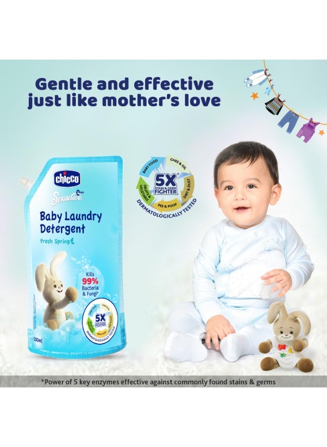 Chicco Baby Liquid Laundry Detergent, 5X Stain & Germ Fighter, Kills 99% of Germs, Dermatologically Tested, Effective & Gentle Cleaning, Fresh Springs, Refill pack (500 ML) - Image 2