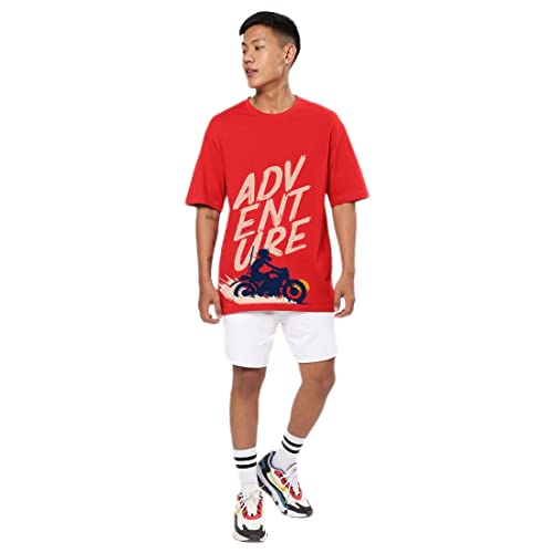 Bewakoof Men's Graphic Print Oversized Fit Half Sleeve Round Neck Cotton T-Shirt Red - Image 3