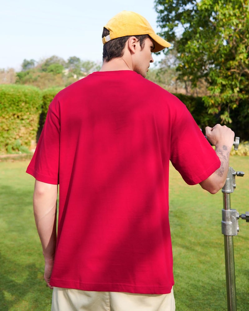 Bewakoof Men's Graphic Print Oversized Fit Half Sleeve Round Neck Cotton T-Shirt Red - Image 4