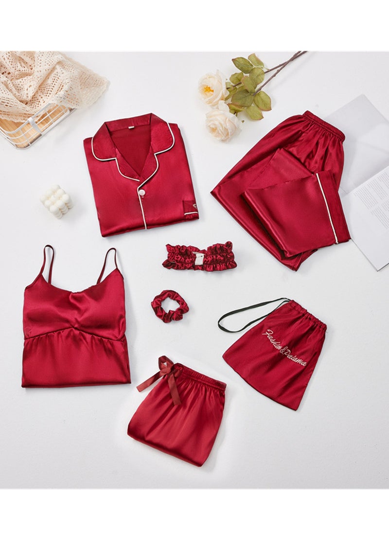 Generic - 7pcs pajamas set for women in all seasons imitation silk pajamas set - Image 1