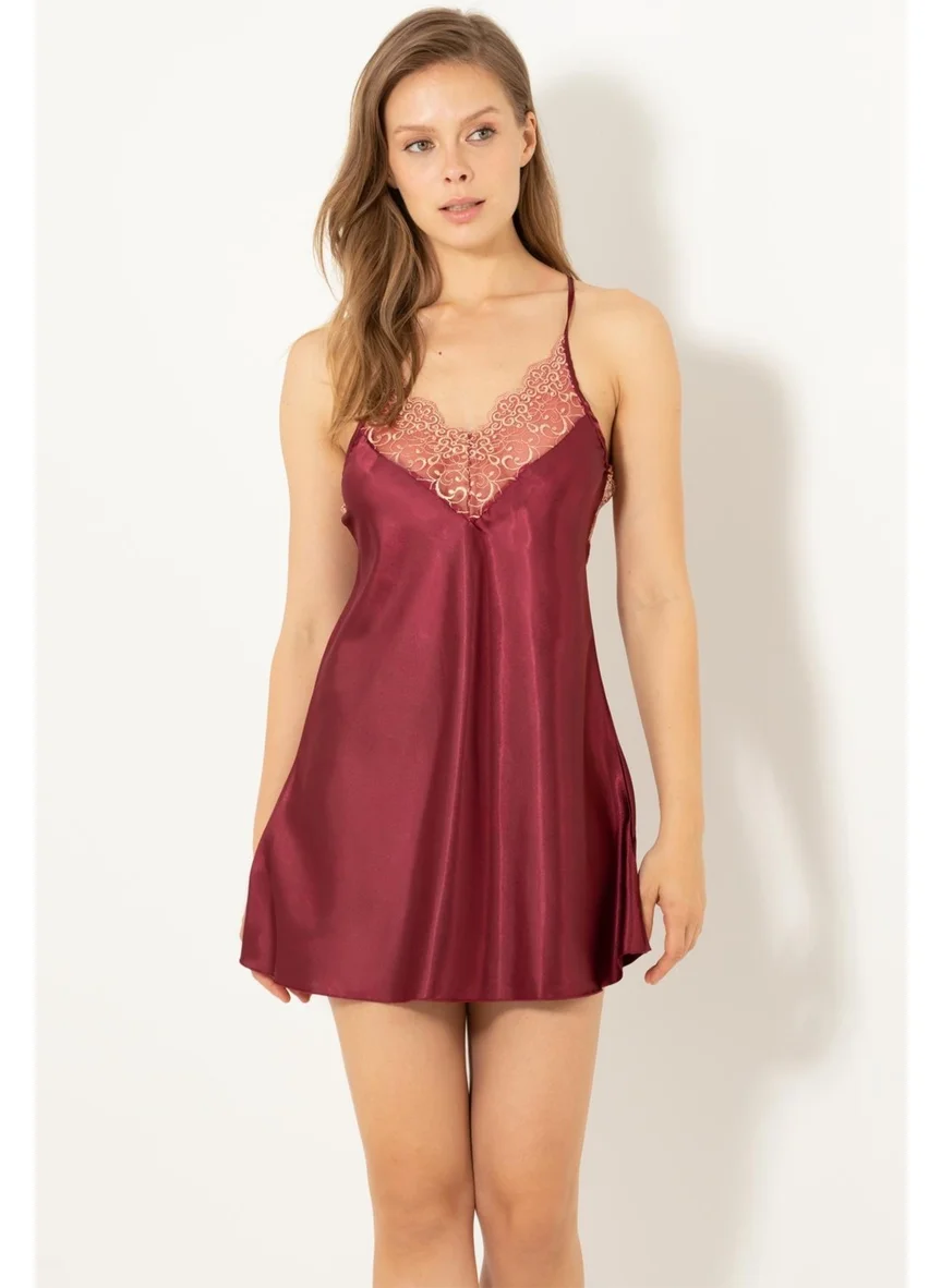 Miorre Lace Detailed Back Cross Strap Stony Satin Nightgown