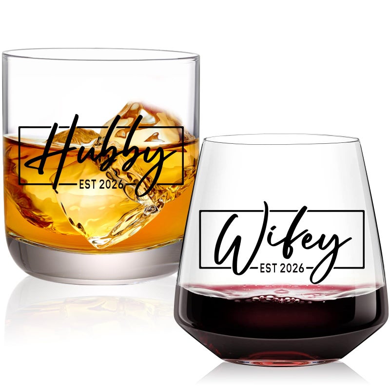 comfit Wedding Gifts for Couples 2026Hubby Wifey WineWhiskey Glass SetBridal Shower Gifts for Bride and Groom NewlyMarried Gifts for Him and HerMr and Mrs GiftsHis and Hers Glass