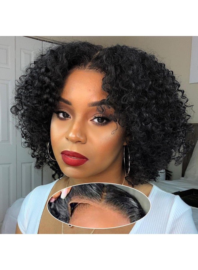 Amygirl Wear and Go Glueless Wigs Human Hair Pre Plucked Pre Cut Bob 4x4 Curly Wave Lace Front Wigs Human Hair 180% Density No Glue Human Hair Wigs for Black Women, Natural Black 1B, 8 Inch - Image 1