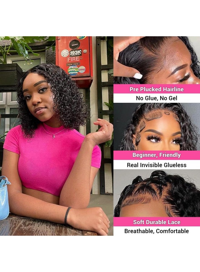 Amygirl Wear and Go Glueless Wigs Human Hair Pre Plucked Pre Cut Bob 4x4 Curly Wave Lace Front Wigs Human Hair 180% Density No Glue Human Hair Wigs for Black Women, Natural Black 1B, 8 Inch - Image 2