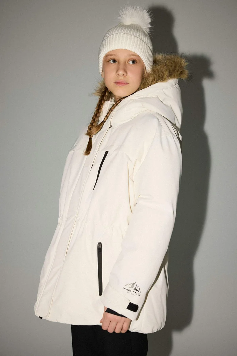 ديفاكتو Girl Detachable Faux Fur Collar Hooded Fleece Lined Puffer Ski Jacket