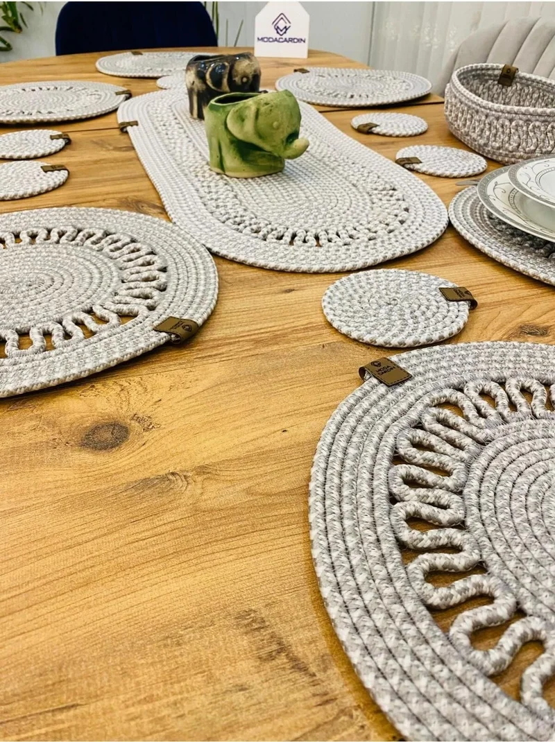 BDZ Deri BDZ Leather Jute Wicker American Service Supla Runner Basket and Cup Holder 14 Pieces