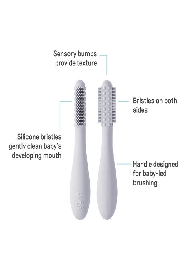 ezpz Baby Toothbrush - Silicone Baby Led Toothbrush for Infants 3+ Months - 100% Food-Grade Infant Gum & First Teeth Cleaner with Sensory Bumps & Bristles On Both Sides, Easy-Grip Handle (Pewter) - Image 2