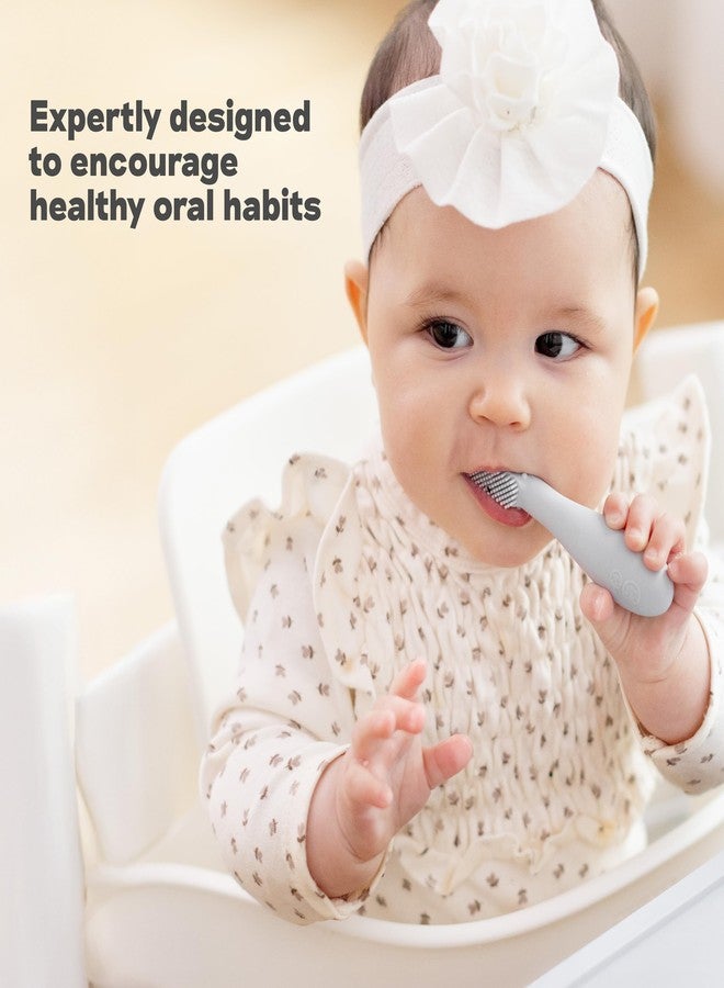 ezpz Baby Toothbrush - Silicone Baby Led Toothbrush for Infants 3+ Months - 100% Food-Grade Infant Gum & First Teeth Cleaner with Sensory Bumps & Bristles On Both Sides, Easy-Grip Handle (Pewter) - Image 4