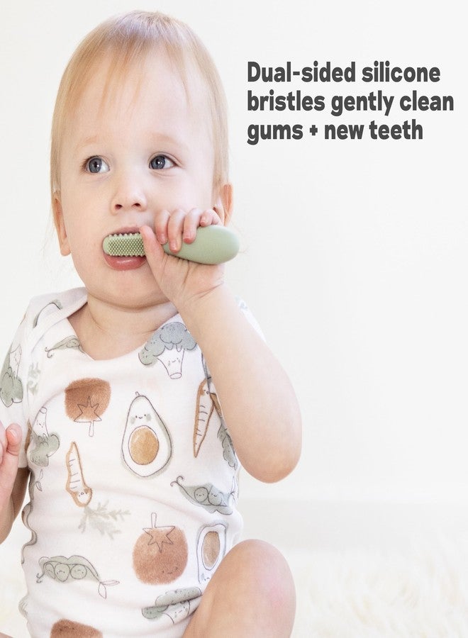 ezpz Baby Toothbrush - Silicone Baby Led Toothbrush for Infants 3+ Months - 100% Food-Grade Infant Gum & First Teeth Cleaner with Sensory Bumps & Bristles On Both Sides, Easy-Grip Handle (Pewter) - Image 5