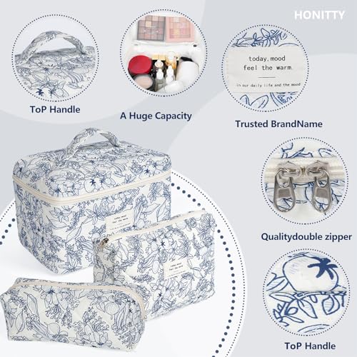 honitty Makeup Bag,Quilted Cosmetic Bags,Large Floral Make Up Organize bag,Makeup Bag Set for Women,Flower Travel Toiletry Bag - Image 3