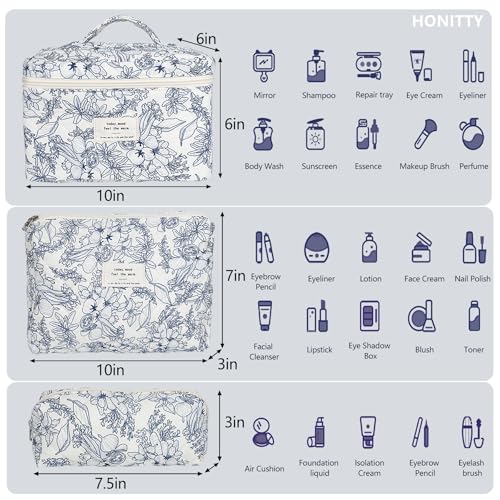 honitty Makeup Bag,Quilted Cosmetic Bags,Large Floral Make Up Organize bag,Makeup Bag Set for Women,Flower Travel Toiletry Bag - Image 2