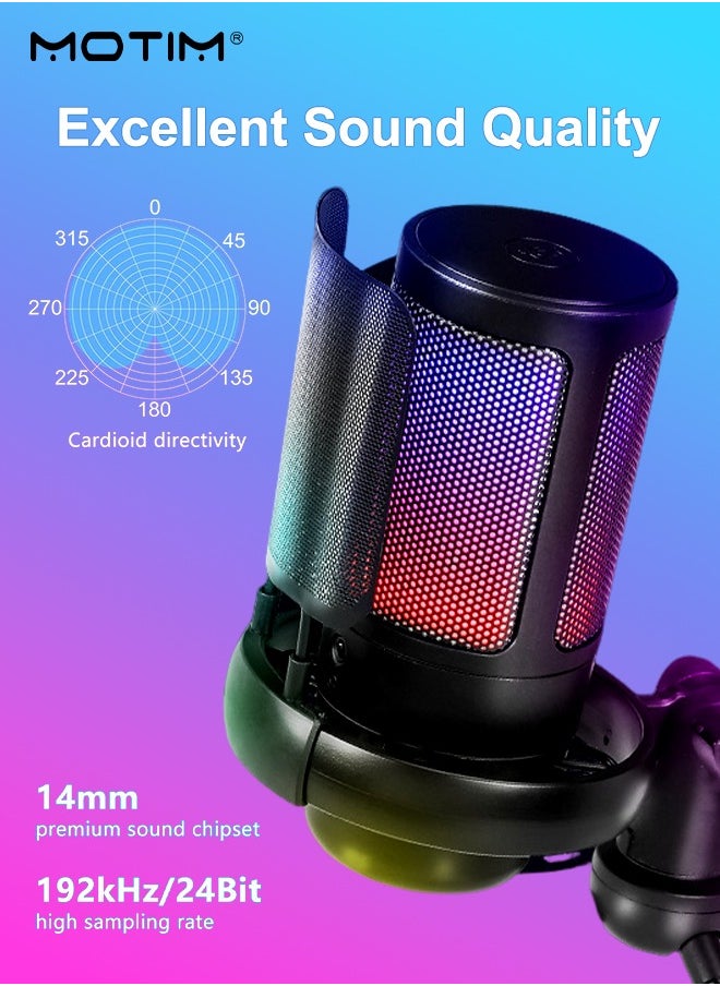 Motim - USB Gaming Microphone, RGB Computer Mic Podcast Condenser Mic, Pop Filter for PC PS4 PS5 with Mute Button, Microphone Arm, Shock Mount For Streaming Podcast YouTube Videos A6T - Image 1