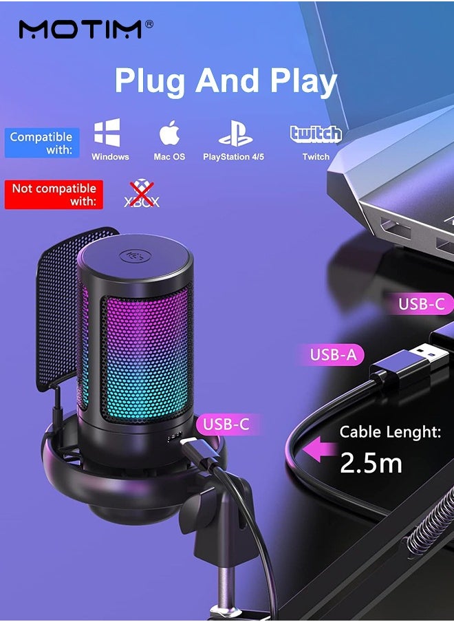 Motim - USB Gaming Microphone, RGB Computer Mic Podcast Condenser Mic, Pop Filter for PC PS4 PS5 with Mute Button, Microphone Arm, Shock Mount For Streaming Podcast YouTube Videos A6T - Image 1