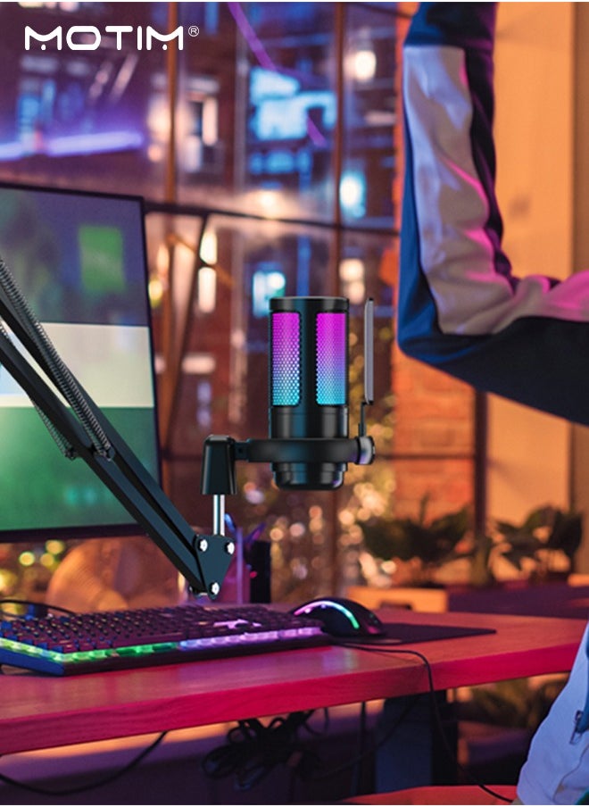 Motim - USB Gaming Microphone, RGB Computer Mic Podcast Condenser Mic, Pop Filter for PC PS4 PS5 with Mute Button, Microphone Arm, Shock Mount For Streaming Podcast YouTube Videos A6T - Image 1