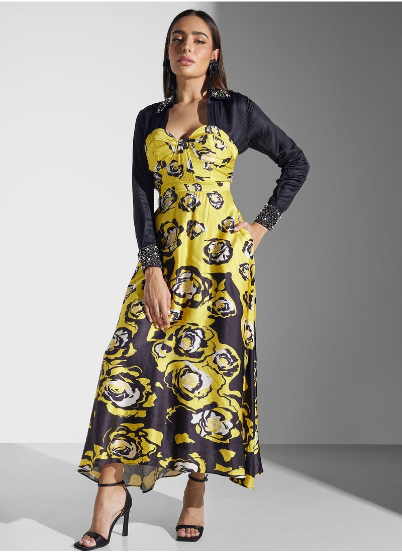 Threadz by Ajooni - Embellished Shirt Insert Printed Dress - Image 1